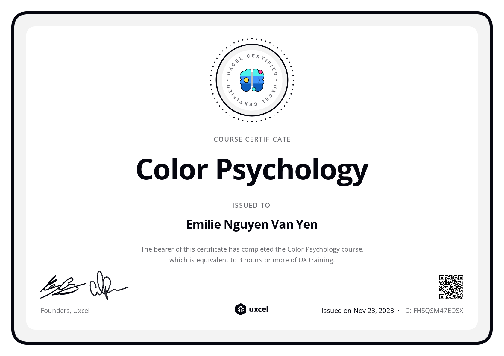 Emilie Nguyen Van Yen's certificate